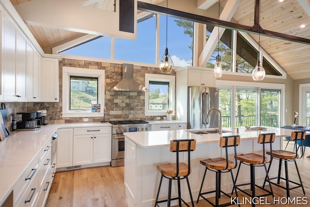 127 Emmet St, Grand Haven, MI 49417 - kitchen with high end appliances, wall chimney exhaust hood, wooden ceiling, a sink, and plenty of natural light