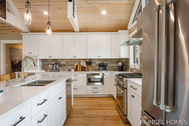 127 Emmet St, Grand Haven, MI 49417 - kitchen with appliances with stainless steel finishes, a sink, wooden ceiling, decorative light fixtures, and decorative backsplash