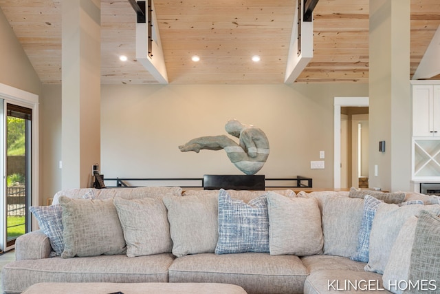 127 Emmet St, Grand Haven, MI 49417 - living room with wooden ceiling, lofted ceiling, and recessed lighting