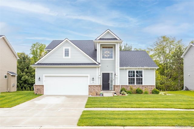 132 Copper Ridge Ct, Walled Lake, MI 48390 - traditional-style house with concrete driveway, a front lawn, brick siding, and roof with shingles