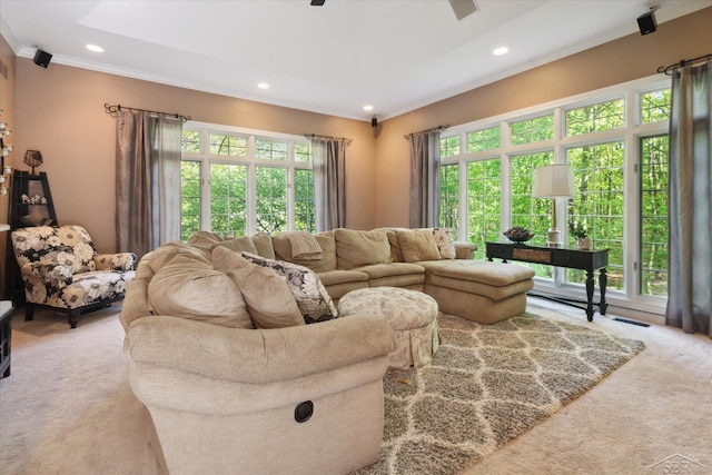3283 Foxfire Dr, Milford, MI 48380 - living area with carpet flooring, ornamental molding, recessed lighting, and a ceiling fan