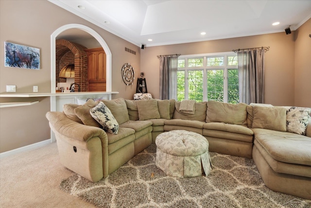 3283 Foxfire Dr, Milford, MI 48380 - carpeted living area featuring crown molding, recessed lighting, and baseboards
