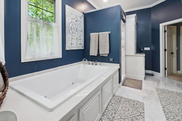 3283 Foxfire Dr, Milford, MI 48380 - bathroom featuring a whirlpool tub, crown molding, baseboards, and marble finish floors