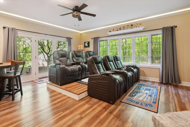 3283 Foxfire Dr, Milford, MI 48380 - living room featuring a ceiling fan, wood finished floors, french doors, and baseboards