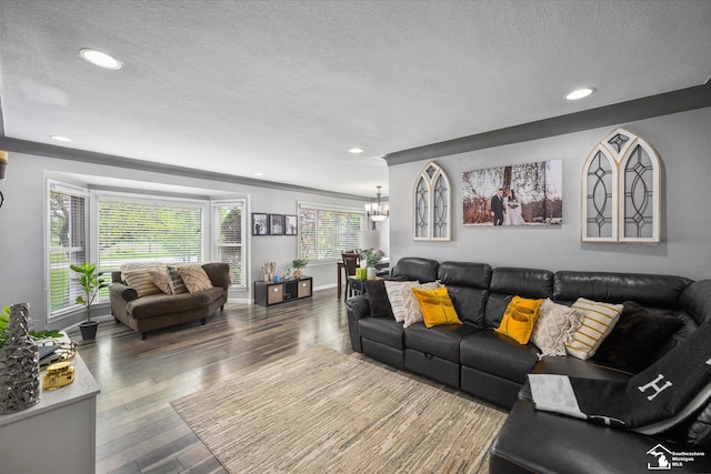 4851 Consear Rd, Ottawa Lake, MI 49267 - living area featuring a textured ceiling, a chandelier, recessed lighting, baseboards, and wood finished floors