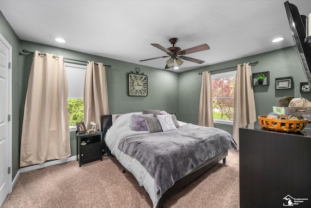 4851 Consear Rd, Ottawa Lake, MI 49267 - bedroom featuring light colored carpet, recessed lighting, and ceiling fan