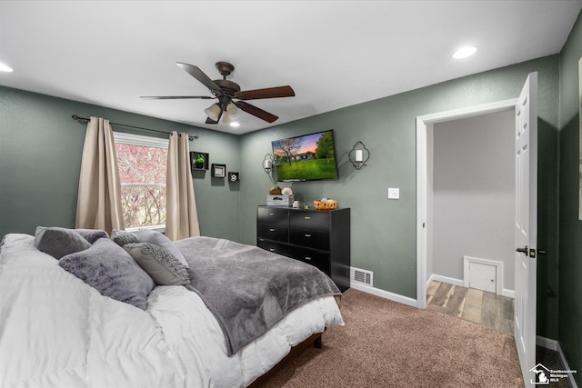 4851 Consear Rd, Ottawa Lake, MI 49267 - bedroom featuring carpet, baseboards, ceiling fan, and recessed lighting