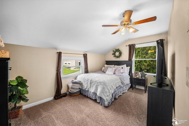 4851 Consear Rd, Ottawa Lake, MI 49267 - bedroom featuring carpet floors, vaulted ceiling, a ceiling fan, and baseboards