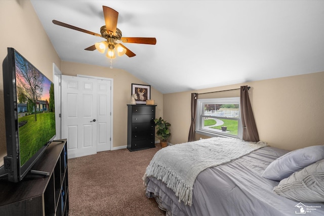4851 Consear Rd, Ottawa Lake, MI 49267 - carpeted bedroom featuring vaulted ceiling and ceiling fan