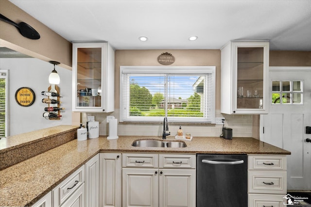 4851 Consear Rd, Ottawa Lake, MI 49267 - kitchen with dishwasher, a sink, white cabinets, light stone countertops, and recessed lighting