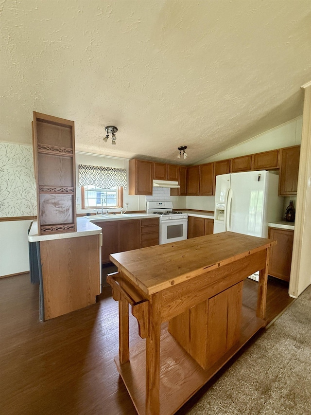 59 Clydesdale Dr, Mount Morris, MI 48458 - kitchen featuring white appliances, under cabinet range hood, a textured ceiling, brown cabinets, and light countertops