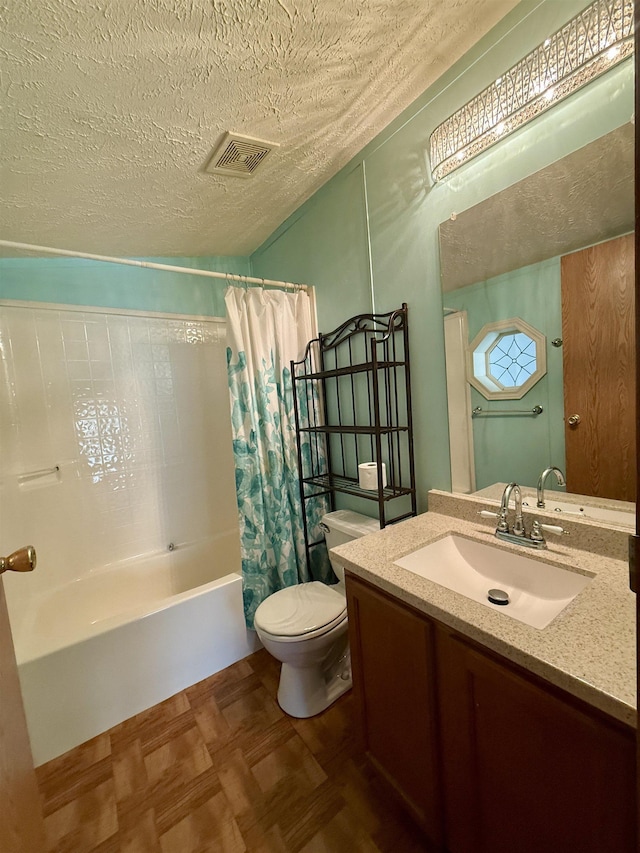 59 Clydesdale Dr, Mount Morris, MI 48458 - bathroom with vanity, toilet, shower / bath combo with shower curtain, and a textured ceiling