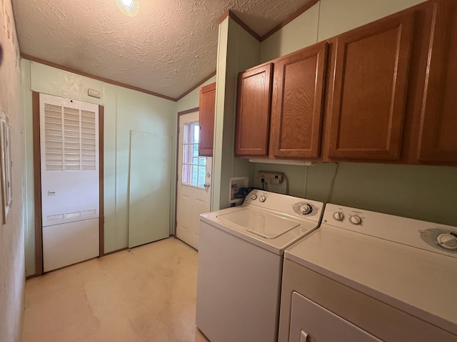 59 Clydesdale Dr, Mount Morris, MI 48458 - laundry area featuring cabinet space, independent washer and dryer, a textured ceiling, a heating unit, and ornamental molding