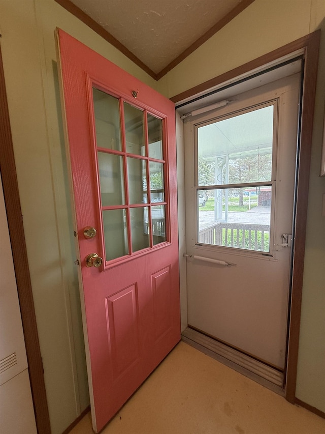 59 Clydesdale Dr, Mount Morris, MI 48458 - doorway featuring light carpet and ornamental molding