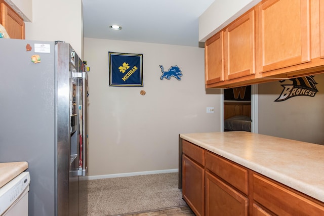4164 W Centre Ave Unit 103, Portage, MI 49024 - kitchen with freestanding refrigerator, light countertops, baseboards, recessed lighting, and dishwasher