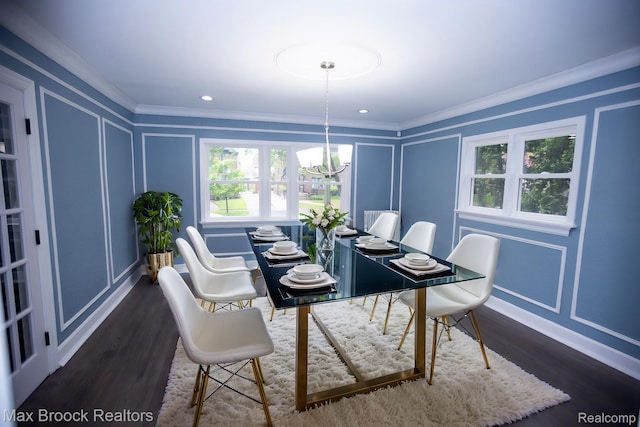 17352 Parkside St, Detroit, MI 48221 - dining area featuring a decorative wall, ornamental molding, a chandelier, dark wood-style flooring, and baseboards