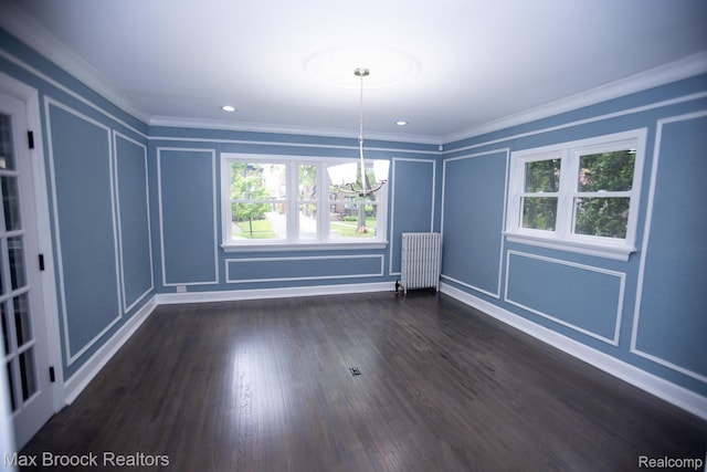 17352 Parkside St, Detroit, MI 48221 - unfurnished dining area with a decorative wall, radiator heating unit, a chandelier, crown molding, and dark wood-type flooring