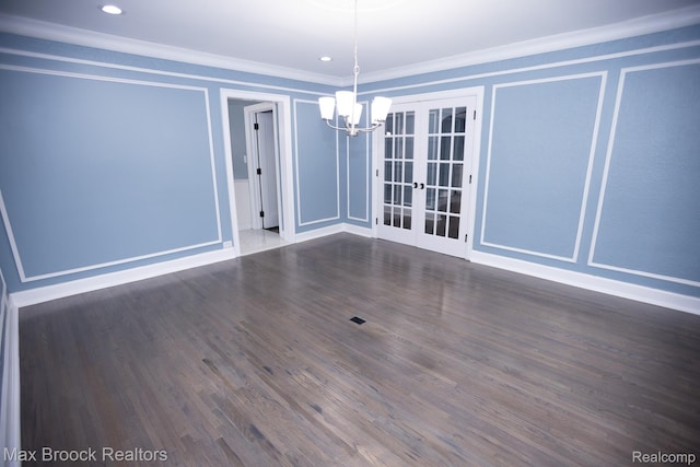 17352 Parkside St, Detroit, MI 48221 - unfurnished dining area featuring a chandelier, ornamental molding, a decorative wall, french doors, and wood finished floors