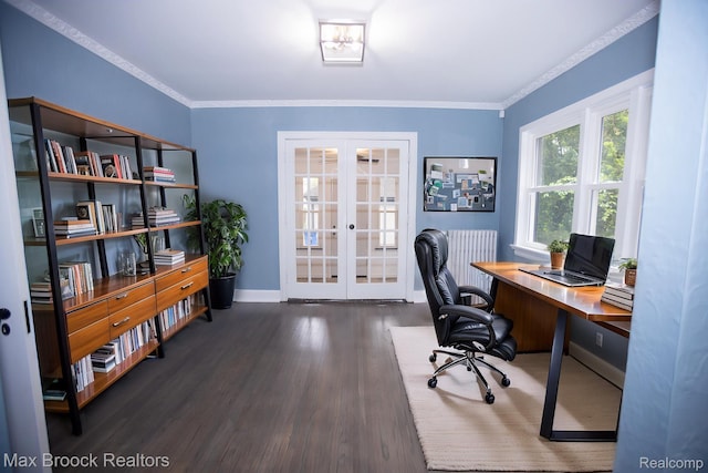 17352 Parkside St, Detroit, MI 48221 - office area featuring french doors, wood finished floors, baseboards, and crown molding