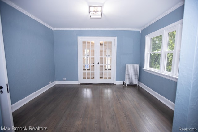 17352 Parkside St, Detroit, MI 48221 - empty room with radiator, french doors, dark wood finished floors, baseboards, and crown molding