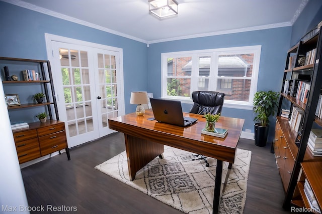 17352 Parkside St, Detroit, MI 48221 - office featuring french doors, dark wood-style floors, and crown molding