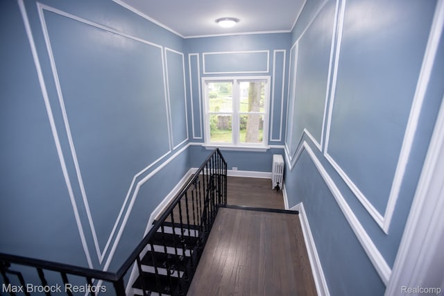 17352 Parkside St, Detroit, MI 48221 - staircase with radiator, a decorative wall, wood finished floors, baseboards, and ornamental molding