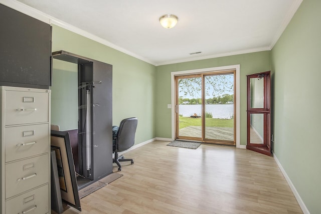 8928 Ellis St SE, Alto, MI 49302 - unfurnished office featuring a water view, baseboards, light wood finished floors, and crown molding
