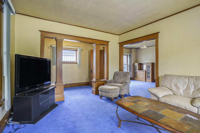 393 Merrill Ave, Muskegon, MI 49441 - carpeted living room featuring decorative columns and crown molding