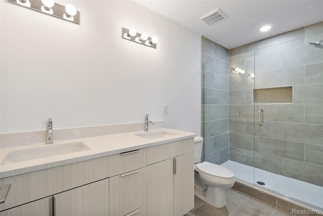2817 Summers Pl, Troy, MI 48084 - bathroom with a shower stall, double vanity, toilet, and tile patterned flooring