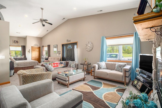 390 Iyopawa Rd, Coldwater, MI 49036 - living area with a ceiling fan, high vaulted ceiling, and baseboards