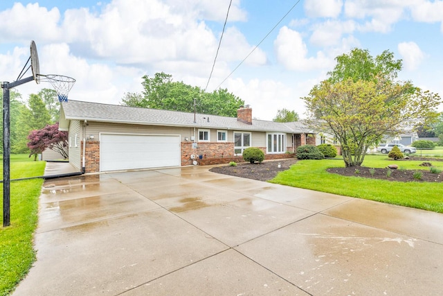 11245 Antcliff Rd, Brooklyn, MI 49230 - ranch-style home with a garage, a front lawn, concrete driveway, a chimney, and brick siding