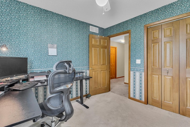 11245 Antcliff Rd, Brooklyn, MI 49230 - carpeted home office featuring wallpapered walls and ceiling fan