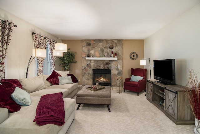 7289 Eagle Ter, Michigan, MI 49071 - living room with a stone fireplace and light colored carpet