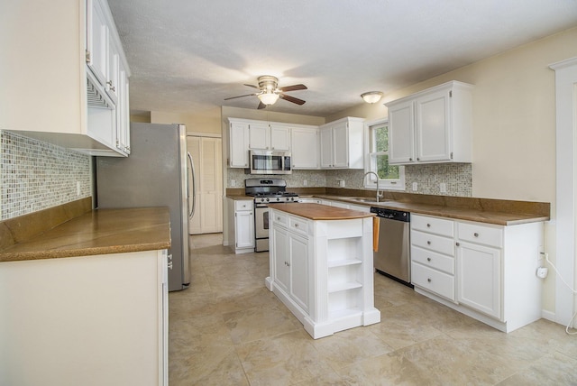 7289 Eagle Ter, Michigan, MI 49071 - kitchen featuring appliances with stainless steel finishes, open shelves, ceiling fan, backsplash, and a sink