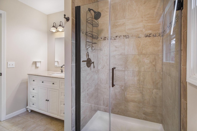 7289 Eagle Ter, Michigan, MI 49071 - bathroom featuring a shower stall, vanity, tile patterned flooring, and baseboards