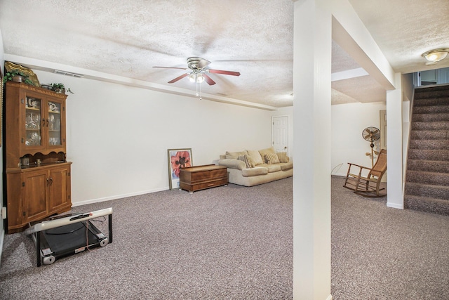 7289 Eagle Ter, Michigan, MI 49071 - living room featuring a textured ceiling, a ceiling fan, stairway, carpet floors, and baseboards