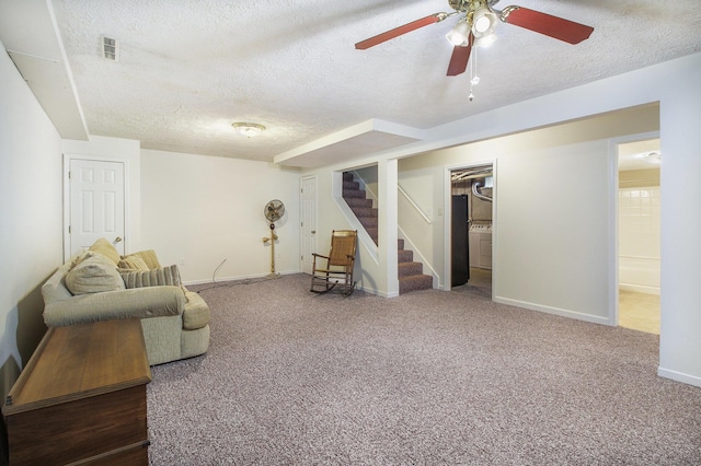 7289 Eagle Ter, Michigan, MI 49071 - carpeted living room featuring a textured ceiling, stairway, a ceiling fan, and baseboards