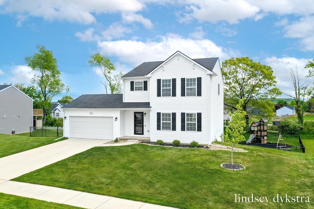 454 Oak View Dr, Middleville, MI 49333 - traditional home with an attached garage, a playground, driveway, and roof with shingles