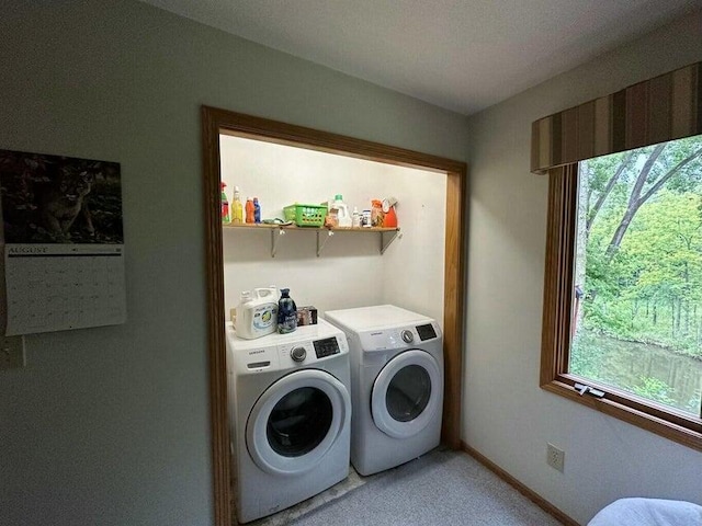 1720 Dimmers Rd, Reading, MI 49274 - washroom with washer and clothes dryer, baseboards, and light carpet