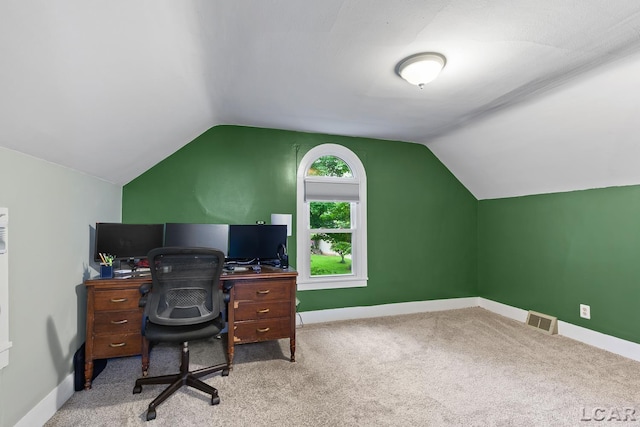 2803 Spielman Rd, Adrian, MI 49221 - home office featuring vaulted ceiling, baseboards, and carpet