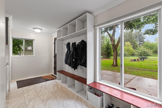 2803 Spielman Rd, Adrian, MI 49221 - mudroom featuring marble finish floors, ornamental molding, and baseboards