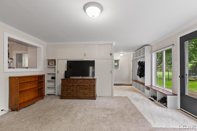 2803 Spielman Rd, Adrian, MI 49221 - unfurnished living room featuring crown molding and light carpet