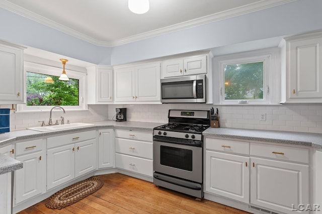2803 Spielman Rd, Adrian, MI 49221 - kitchen featuring stainless steel appliances, a sink, ornamental molding, light countertops, and white cabinetry
