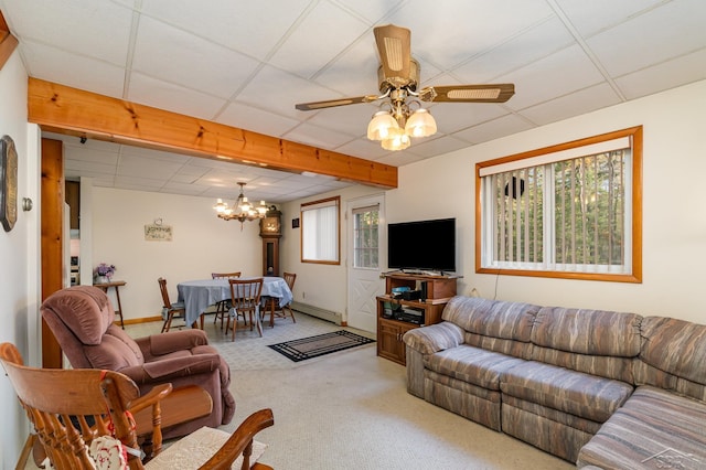 5295 E 14th St, Au Gres, MI 48703 - living room with baseboard heating, carpet, a drop ceiling, a chandelier, and ceiling fan