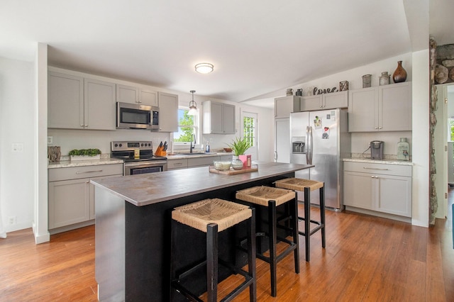 1981 E Wolf Rd, Hart, MI 49420 - kitchen featuring appliances with stainless steel finishes, gray cabinetry, and light wood finished floors