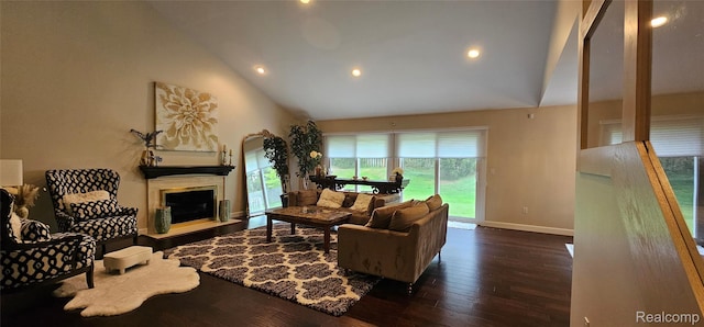5084 Champlain Cir W, Bloomfield, MI 48323 - living area featuring a fireplace with raised hearth, wood finished floors, baseboards, recessed lighting, and high vaulted ceiling