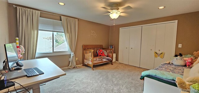 5084 Champlain Cir W, Bloomfield, MI 48323 - bedroom featuring carpet, recessed lighting, a closet, and ceiling fan