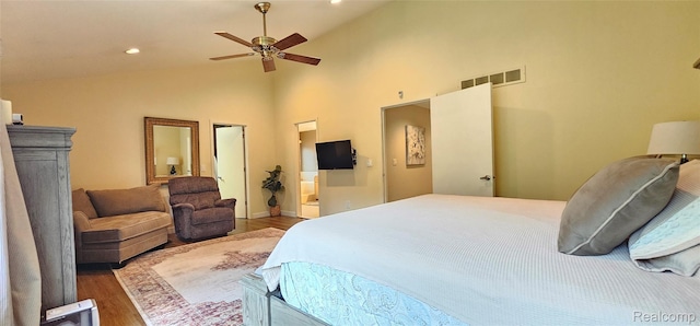 5084 Champlain Cir W, Bloomfield, MI 48323 - bedroom with wood finished floors, high vaulted ceiling, baseboards, recessed lighting, and a ceiling fan