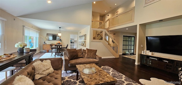 5084 Champlain Cir W, Bloomfield, MI 48323 - living area with stairway, dark wood finished floors, a towering ceiling, baseboards, and recessed lighting