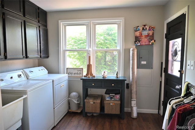 23744 Liddle St, Brownstown, MI 48183 - laundry room with cabinet space, washing machine and dryer, electric panel, and dark wood-type flooring